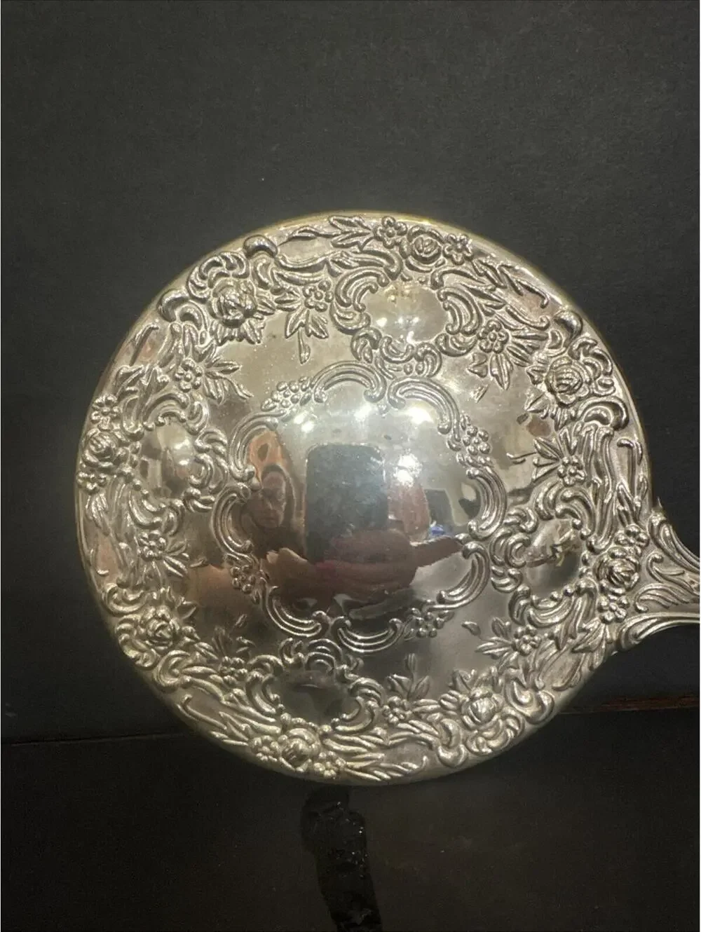 Antique Victorian Vanity Mirror Silver Plate Ornate Roses 9.25” x 5.5” VG Cond